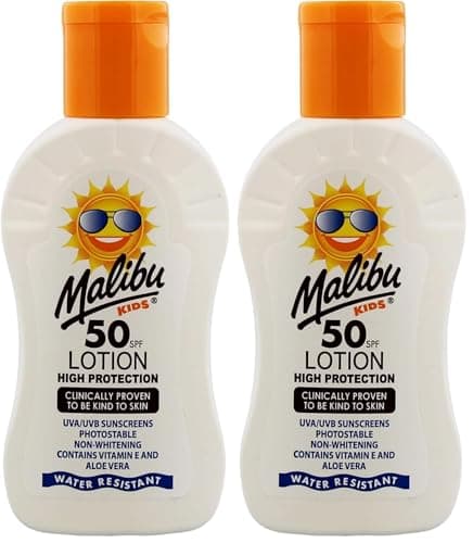 Malibu Kids SPF 50 Sun Lotion, Moisturising Kids Sunscreen for Body, High Protection Sun Cream for Children, Water Resistant, 100ml (Pack of 2)