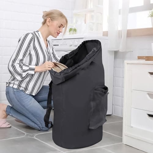Backpack Laundry Bag, Extra Large 95L Foldable Laundry Basket with Shoulder Straps and Mesh Pocket, Portable Travel Clothes Hamper Bag for College, Travel, Laundromat, Apartment (Black) — view 6
