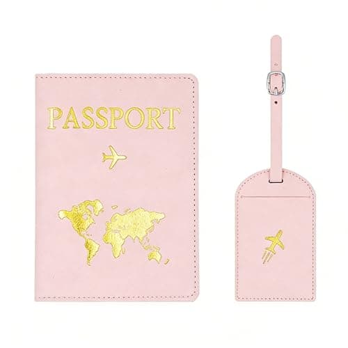 SINJAETRQ Passport Holder Travel Wallet RFID Blocking, PU Leather Travel Document Organiser with Luggage Tag,Document Organiser, Holiday Travel Essentials for Men & Women (Pink)