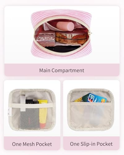 Wandering Nature Small Makeup Bag for Purse Zipper Cosmetic Bag for Women Pouch Travel Eco Vegan Leather Make Up Organizer for Toiletry Bag Water Resistant Gift Idea, Black, Corduroy Pink, Mini, — view 2