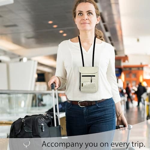 RFID Blocking Travel Neck Wallet Pouch and Passport Holder，Travel Neck Pouch Passport Holder for Women & Men, beige, 8 inches x 6 inches x 0.3 inches, Minimalist — view 6