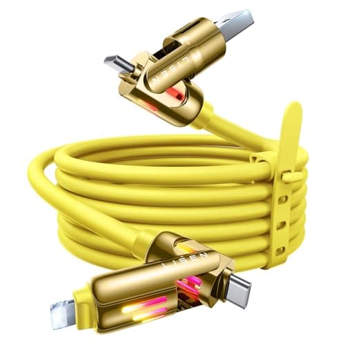 LISEN 240W USB C Cable, 4 in 1 Charging Cable (6.6FT) with Light, USB A/C to C/L Multi Charging Cable for iPhone 16 15 14 Pro Max/MacBook/iPad Pro/SamSungS24,Yellow