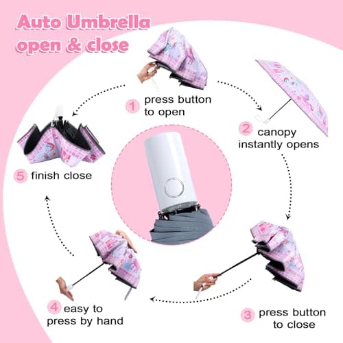 Kids Folding Umbrella, Windproof Automatic Travel Umbrella for Girls Pink — view 6
