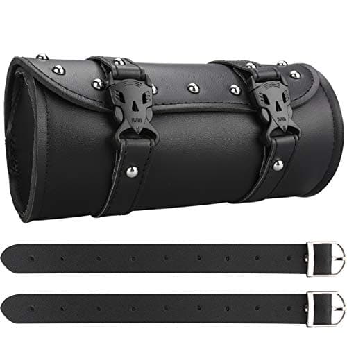 Wiipara Motorcycle Saddle Bag - Handmade PU Leather Handlebar Tool Bag, Round Barrel Shape Waterproof Roll Pouch With Straps for Scooter Front or Side (Medium)