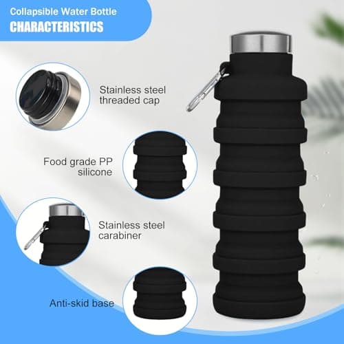 Collapsible Water Bottle, 500mlSilicone Water Bottle with Carabiner(Black) — view 3