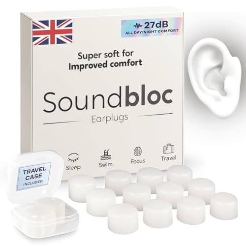 Soundbloc Earplugs™ - Ear Plugs for Sleep - Comfortable Custom Fit Noise Cancelling Reusable Soft Silicone, 27dB Sound Reduction - Swimming, Travel, Focus, Work. (Air, Small - Medium)