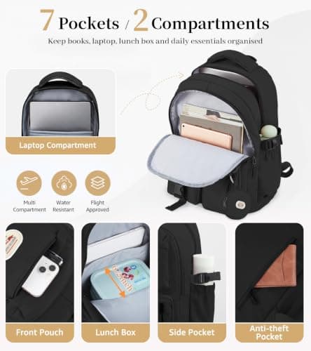 BECOJADDE Backpack School Bag for Women and Girls, 15.6" Laptop, Black 25L — view 4