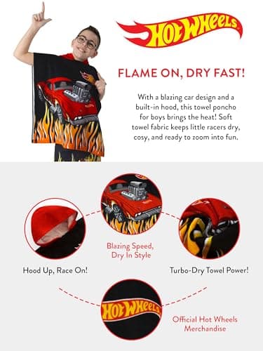 Hot Wheels Towel Poncho, Car Hooded Towel For Kids, Boys Beach Towels And Swimming Towels, One Size, Black — view 6
