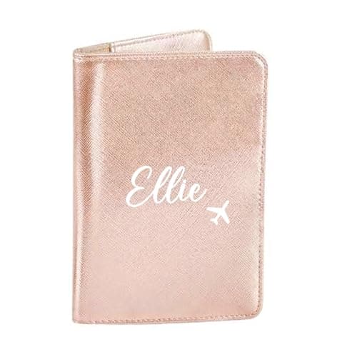 eBuyGB Personalised Passport Holder, Custom Name Passport Cover Travel Wallet, Faux Leather Travel Document Holder, Holiday, Honeymoon & Destination Wedding Gift for Her (Rose Gold)