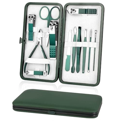 AYBUY Manicure Set, 12pcs Nail Clippers Pedicure Kit, Portable Nail Trimming set,Stainless Steel Grooming Tools with Fine Leather Case for Men Women Friends and Parents(Dark Green)