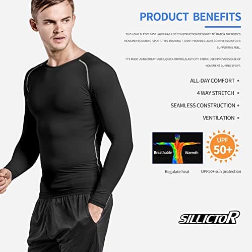 Sillictor Compression Tops for Men Quick Dry Football Training Running Top Mens Long Sleeve Hiking Golf Ski Base Layer Tops Men Sports Thermal Underlayer High Wicking Muscle Support 3323 Black M — view 4