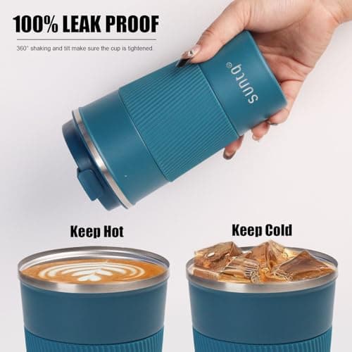 SUNTQ Reusable Coffee Cups Travel - Coffee Travel Mug with Leakproof Lid - Thermal Mug Insulated Cup - Stainless Steel Travel Cup with Rubber Grip - for Hot and Cold Drinks, 13oz/380ml Blue — view 4