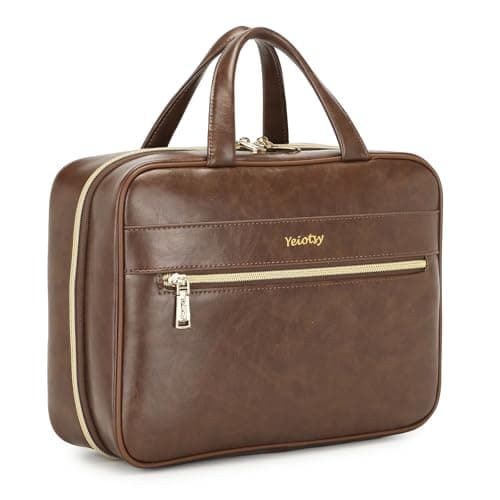 Yeiotsy Hanging Travel Toiletry Bag - Waterproof Vegan Leather Organizer with Wet-Dry Compartments, Foldable Design for Camping, Gym, Shower & Business Trip (Coffee, Large)