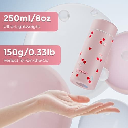 【Upgraded】 Exllena Small Water Bottle for Handbag – 250ml Mini Flask for Hot & Cold Drinks, Perfect Small Insulated Water Bottle for Travel, Milk, Coffee...(Cherry) — view 2