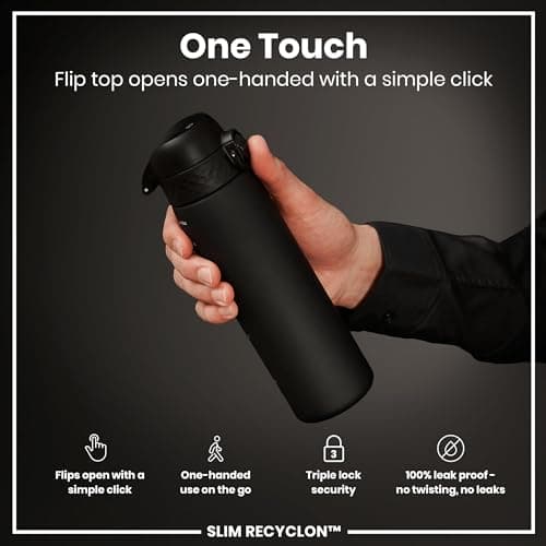 Ion8 Water Bottle, 500 ml/18 oz, Leak Proof, Easy to Open, Secure Lock, Dishwasher Safe, BPA Free, Hygienic Flip Cover, Carry Handle, Fits Cup Holders, Easy Clean, Carbon Neutral, Black — view 3
