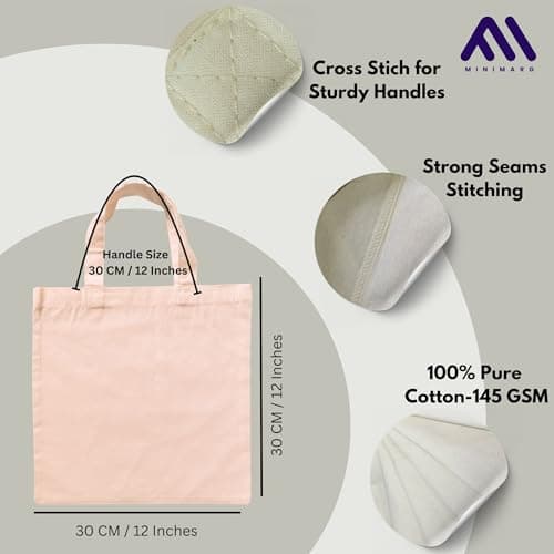 MINIMARG 100% Cotton Canvas Bags, Plain Tote Bags to Decorate, eco-friendly Canvas Reusable blank Tote Bags made with Premium Quality Fabric - Size 30x30cm+30cm Handle (Natural, Pack of 10) — view 3