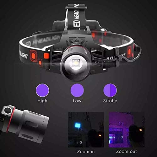 UV Head Torch, WESLITE Ultraviolet Light LED Headlamp 395-400nm Violet Purple Blacklight Headlight USB Rechargeable for Scorpions Hunting, Auto Oil HVAC Leaks, Pet Urine Stains, Night Fishing(UV Beam) — view 2