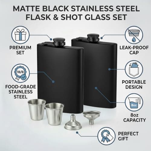 TQIOQIY Stainless Steel Hip Flask 8oz Black - Metal Flask for Whiskey Liquor, Small Pocket Flask with Funnel & Cup, Mini Flask for Men Women Travel Camping Gifts (2 Pack) — view 5