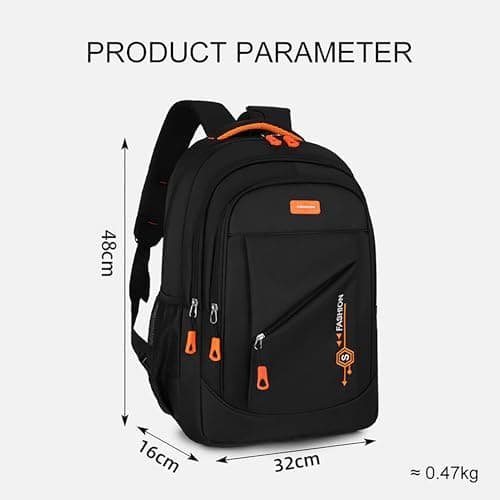 BRTHFORU Lightweight Waterproof Backpack for Women Men, 48cm Laptop Backpack with Orange Zipper, Fashion Casual Daypack for University Work Travel, Water-Resistant Scratchproof Day Bag (Black/Orange) — view 3