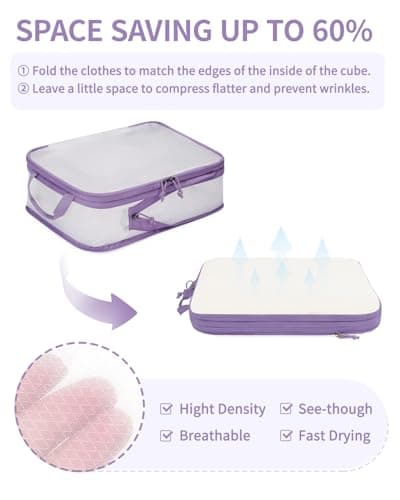 ECOHUB 6pcs Compression Packing Cubes Set for Backpack Suitcases, Expandable Travel Organiser with Shoes Bag, Ultra-resistant Packing Organiser for Carry On Luggage, Purple (Patent Pending) — view 2