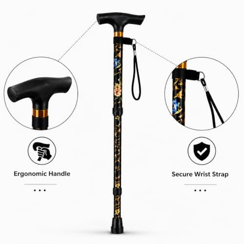 Folding Walking Stick Adjustable Cane Black Walking Sticks For Arthritis Disabled Elderly Senior Extendable Folding Cane Lightweight With Ergonomic Handle Wrist Strap Portable Folding Mobility Aid — view 3