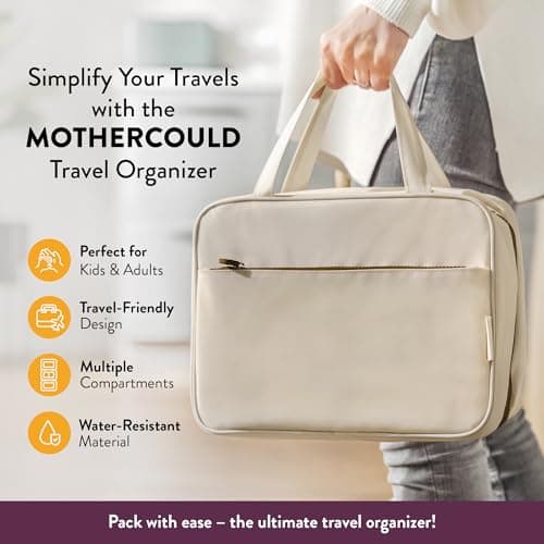 Kids Travel Organizer – Multi-Compartment, Water-Resistant Hanging Bag for Toys, Snacks, & Activities - Compact, Lightweight Design with Hook & Carry Handle - Perfect for Travel Use (Beige, Large) — view 2