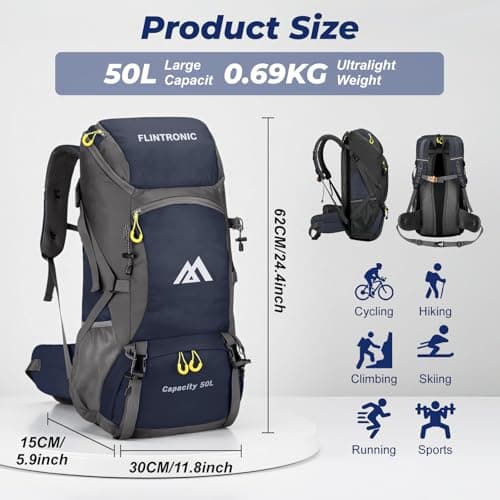 flintronic 50L Backpack, Ultra Lightweight Large Capacity Hiking Backpack, Waterproof Foldable Rucksack for Men Women Hiking Travelling Camping Outdoor Sports (Blue) — view 2