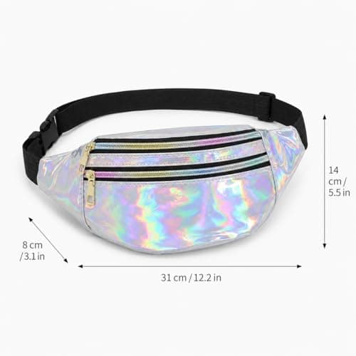 Fashion Metallic Bum Bag,Holographic Waist BagFanny Double Zipper Belt Bag Festival Rave Bumbags Waterproof Hip Pouch for Women Ladies Girls Travel Party Festival Sports Outdoor (Silver) — view 6