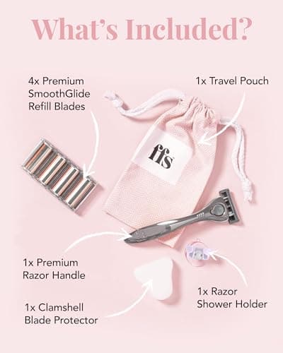 FFS Beauty Starter Shaving Set for Women - Premium Metal Razor Handle, Shower Holder, Travel Pouch, 4 SmoothGlide 6-Blade Cartridges with Vitamin E Lubrication Strip (Blossom) — view 5