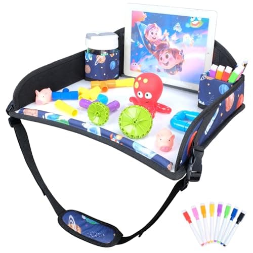Kids Travel Tray for Toddler Car Seat, Travel Tray for Airplane, Toddler Car Seat Lap Activity Tray, Multifunctional Car Seat Tray Table with Storage (Blue-Stars)