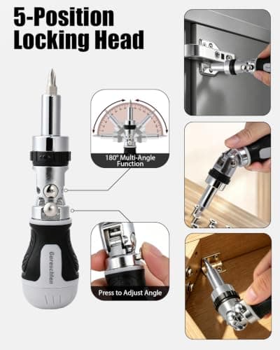 Gareschten 7-in-1 Multi-Angle Ratchet Screwdriver Set, 180° Pivoting Pocket Screwdriver with 6 CRV Bits (PH/SL/Torx) Inside Handle, Professional Compact Stubby Screwdriver Tool for Tight Spaces — view 2