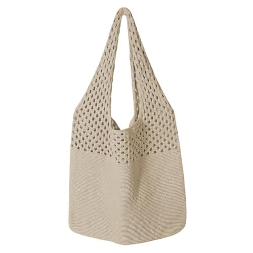 Adiwo Crochet Beach Bag, Knitted Handbags for Women, Retro Hollow Tote Bag, Mesh Beach Bag, Holiday Bags for Women, Bohemian Style for Holiday, Daily Work, Shopping, Travel (Khaki)