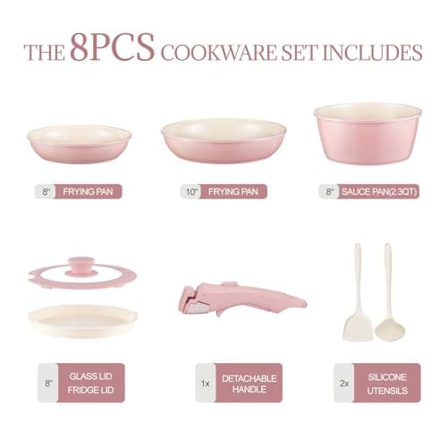 COICUR Ceramic Cookware Set Non Stick 8Pcs Pots and Pans Set Removable Handle Induction Kitchen Cookware Set with Frying Pans Oven Safe, Light Pink — view 2