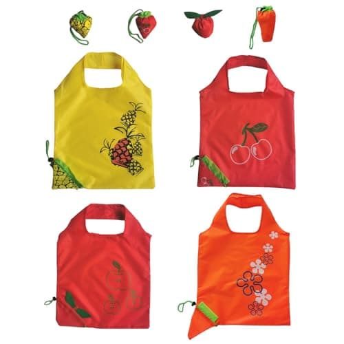 4Pack Foldable Reusable Shopping Bags Fruit Pattern Tote Bags with Drawstring Large Capacity Waterproof Machine Washable Grocery Bags Compact Portable for Travel Picnic Beach Gym Daily Use (B)