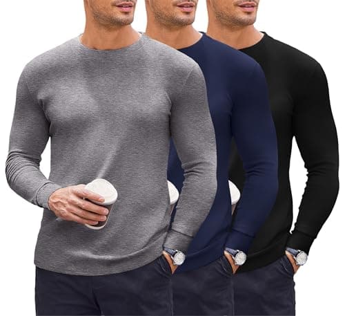 Ekouaer 3 Pack Thermal Vests for Men Long Sleeve Tops, Black/Navy/Grey S