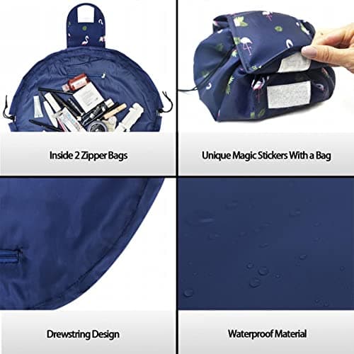 Vavabox Lazy Drawstring Makeup Bag, Flat Lay Cosmetic Bags (Navy Flamingo) — view 5