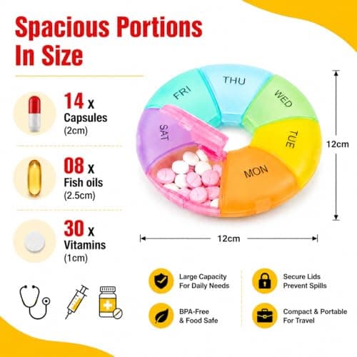 Weekly Pill Box Organiser, 7 Day Round Tablet Organiser, Easy Open Snap Shut Lids Portable Travel Pill Case, Rainbow Medicine Organiser Tablet Box for Vitamins Supplements Medication — view 2
