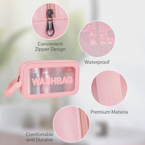 Aucuu 4PCS Clear Toiletry Bag, Wash Bag, Clear PU Makeup Bag, Waterproof Toiletry Travel Bag with Zipper Handle, Portable Airport Cosmetic Bag for Travel Bathroom Men Women (Pink) — view 3