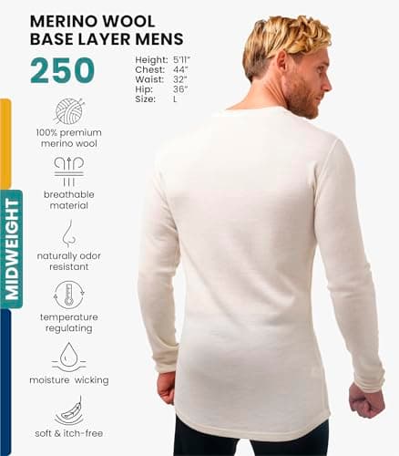 100% Merino Wool Base Layer Men - Long Sleeve Thermal Shirt + Hiking Socks (Large, 250 Natural Merinos) — view 2
