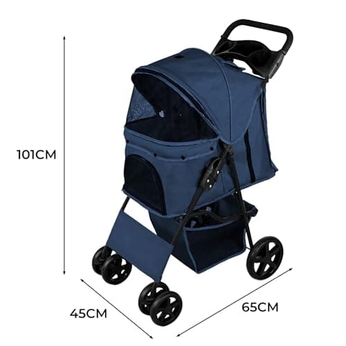 Pet Stroller Pushchair Navy Blue Carrier Foldable Trolley Travel Cart 15kg Capacity 4 Wheels Brakes Cat Dog Safety Hook Leash Cushion Canopy Mesh Windows Basket Cup Holders & Waterproof Rain Cover — view 5