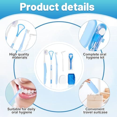 7-in-1 Travel Oral Care Kit with Case – Toothbrush, Tongue Scraper, Wisdom Toothbrush, Dental Floss, Floss Threaders, Interdental Brush, Dental Wax, Portable Hygiene Set for Daily Use Travel (Blue) — view 3