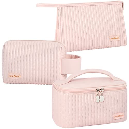 Linpr Travel Makeup Bag, Large Capacity 3 Pcs Cosmetic Bags Set, Pink