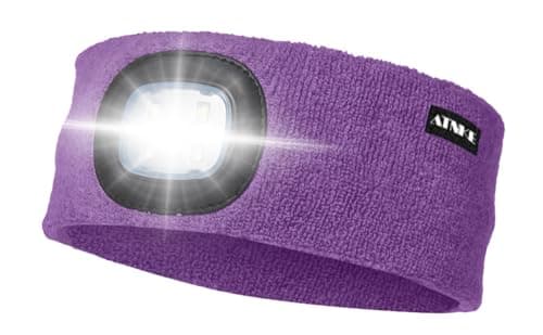 ATNKE LED Lighted Headband, USB Rechargeable Running Hat Ultra Bright 4 LED Waterproof Light Lamp Headlamp High Stretch Moisture Wicking Multi-Color/Inner Purple