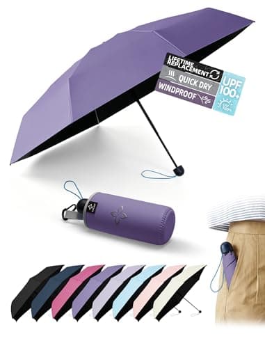 LILAC Compact Travel Umbrella for Purse, Mini Folding Pocket Parasol with Windproof Absorbent Sleeve, UPF 100+ UV Sun Protection, 30% Thickened Alloy Steel Shaft, Double Fiberglass Reinforced