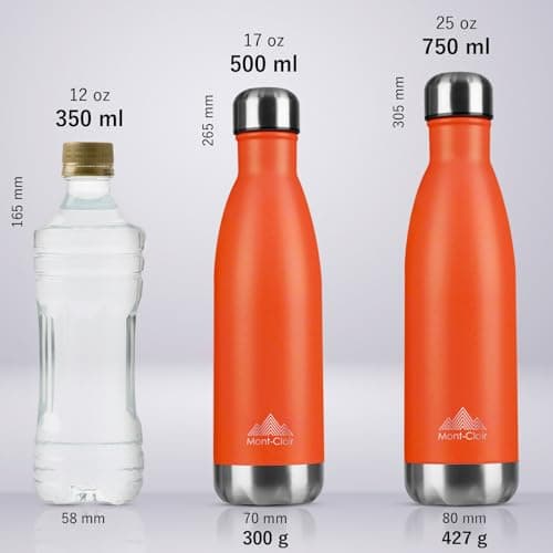 Mont-Clair H2O Stainless Steel Water Bottle, Vacuum Insulated - BPA Free, 12h Hot & 24h Cold Drinks, Metal Water Bottle 500ML Leakproof, Ideal for Adult, Kids, Running - Orange — view 3
