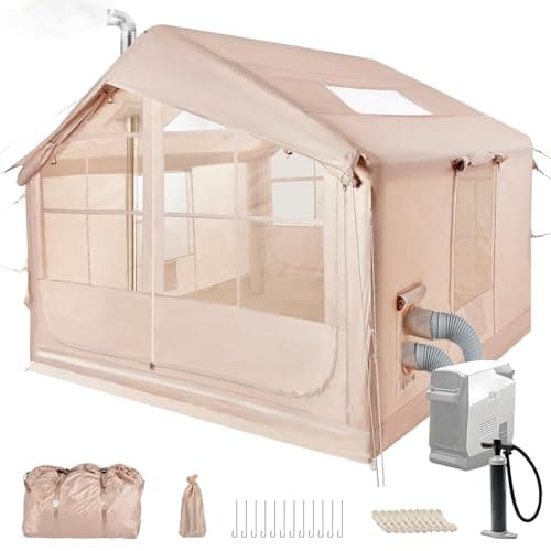 Inflatable camping tent with chimney opening and roof window, inflatable tent for 2-10 people with air pump. Waterproof Oxford cloth four-season inflatable tent, fast installation air tent
