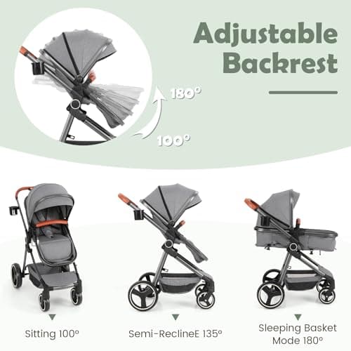 COSTWAY Baby Pushchair, Foldable Travel System Pram with Reversible Seat, Adjustable Canopy & Backrest, Storage Basket, Cup Holder, Aluminum Structure Stroller for 0-36 Months (Grey) — view 4