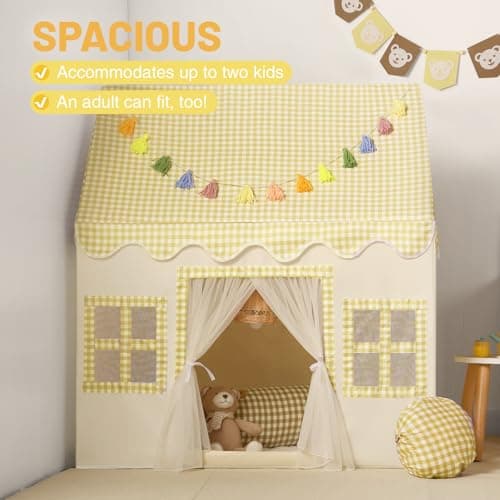 Wilwolfer Kids Play Tents Indoor: Princess PlayHouse with Yellow Checkered & Padded Mat - Cute Toddlers Play House Toys Castle Tents for Boys Girls Room Decor - 67.5×97×107.5 — view 5