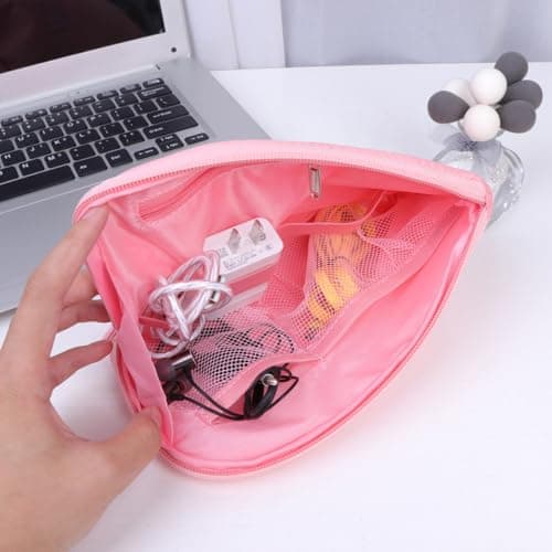 HONMEET Portable Large Capacity USB Cable Storage Bag Nylon Organiser Pouch Mini Carrying Charger Pouch with Organising Feature for Wireless Earphone and Charger for Travel and Daily Use Pink — view 3