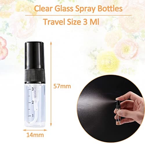 Apstaqeoo 20Pcs, 3Ml Empty Glass Spray Bottles with Scale - Clear Mini Sample Perfume Atomizer Vial Travel Bottles Set with Fine Mist Sprayer & Black Dust Cap Perfect for Fragrance, Essential Oils — view 2